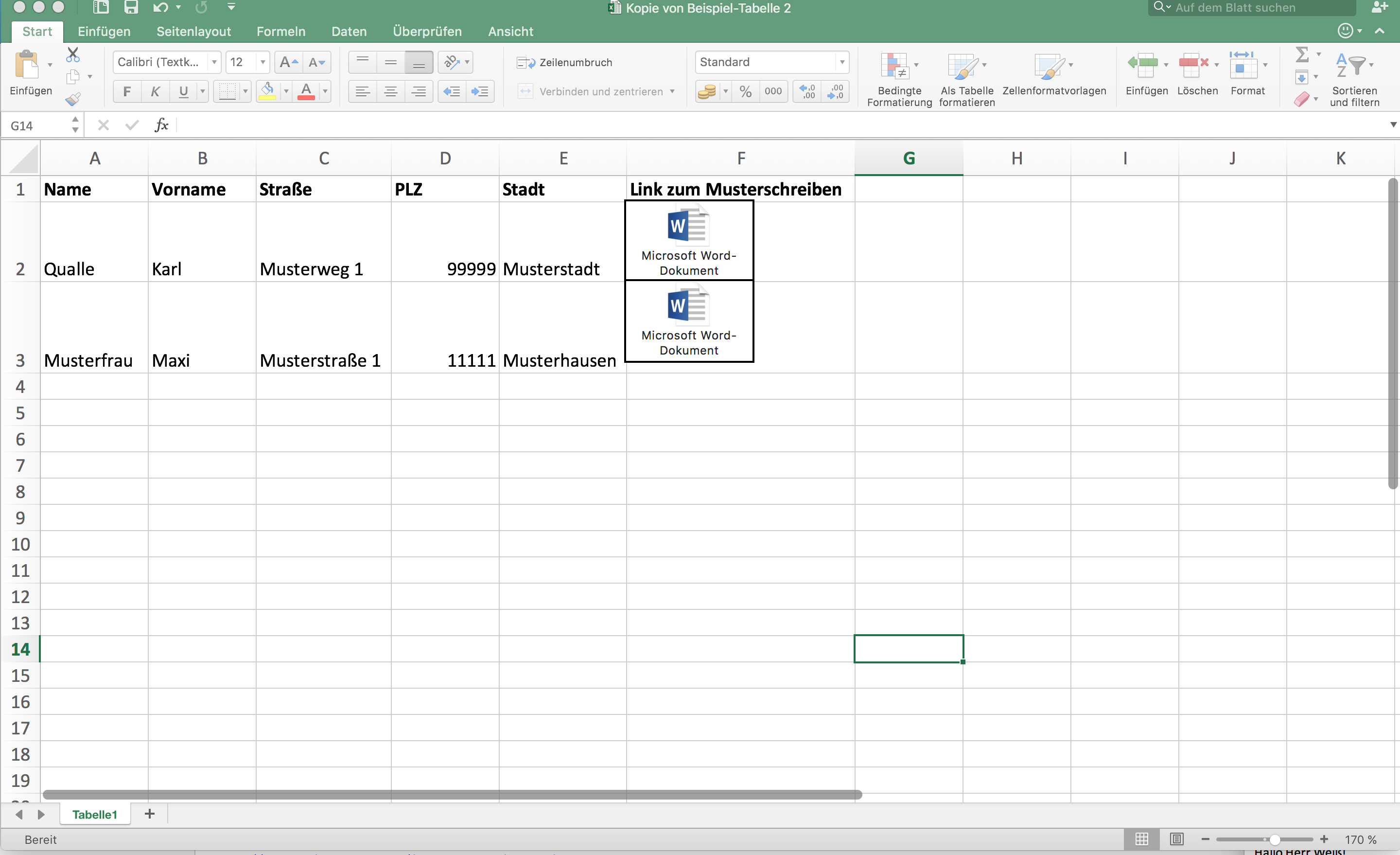 WordSerienbrief in Excel einfügen und Zeilen der Tabelle als Daten benutzen