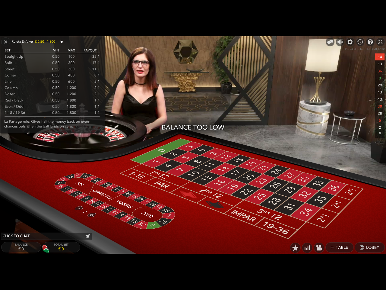 Live-Roulette Minimum 50 Cent oder weniger