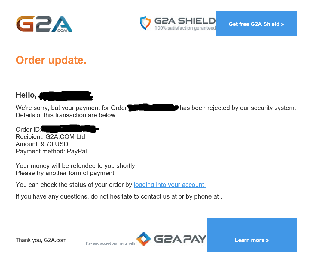 g2a your payment has failed