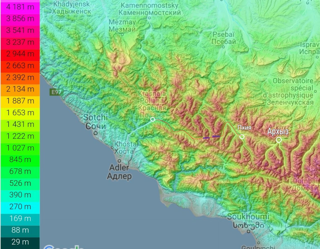 Карта сочи с высотами над уровнем моря